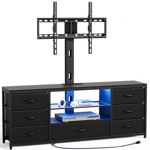 TV Stand with Mount and 7 Fabric Drawers, Led Entertainment Center with Power Outlets for 32 45 55 60 65 70 inch TVs, Black Dresser with Open Shelves, Media Console Cabinet for Living Room Bedroom