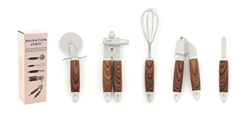 Phantom Chef 5 Piece Kitchen Gadget Set | Pizza Cutter, Egg Whisk, Vegetable Peeler, Can Opener, Garlic Press | Stainless Steel | With Soft Touch Faux Wood Handle | 5 Pcs Cooking Utensil Set (Grey)