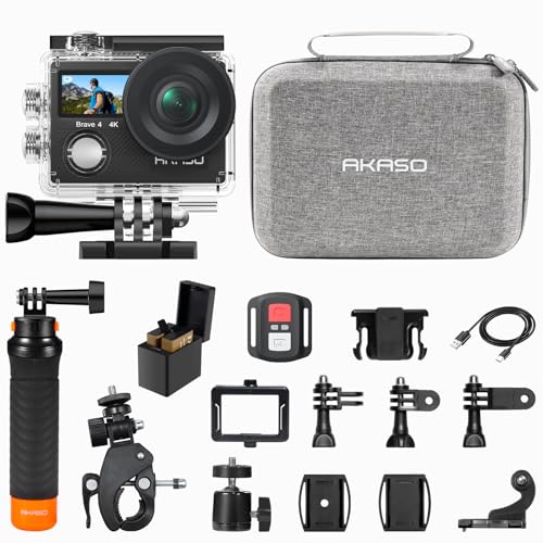 AKASO Brave 4 Action Camera with Selfie Stick Tripod and Carrying Case Bundle - 4K30 20MP Ultra Hd EIS 131ft Underwater Camera 5xZoom Dual Screen with Helmet and Bicycle Accessories Kit