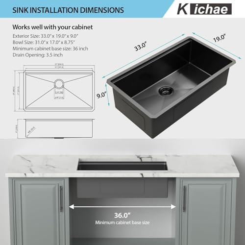 Kichae 12“ Deep Laundry Sink Undermount - 24 Inch Black Undermount Utility Sink Stainless Steel Single Bowl Under Counter Handmade Laundry Utility Room Basin