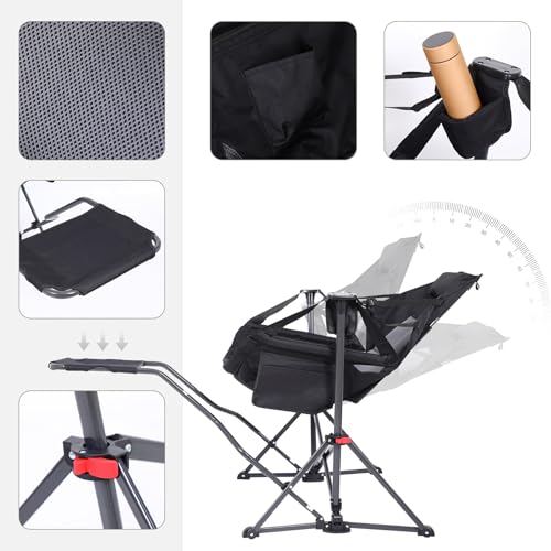 Nice C Hammock Camping Chair, Camping Chair Rocker, Swinging Chair, High Back with Stand, Cup Holder, Side Pocket, Heavy Duty (1, Black w/footrest)