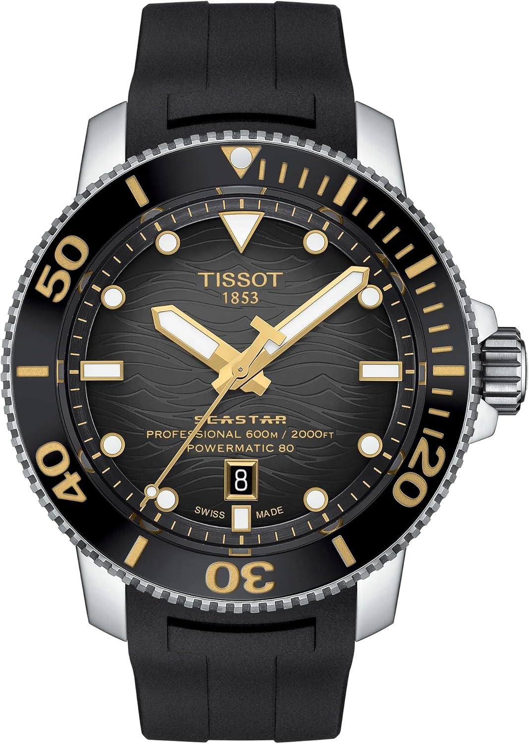 Tissot Mens Seastar 2000 Professional Powermatic 80 316L Stainless Steel case Automatic Watch, Black, Rubber, 22 (T1206071744101)