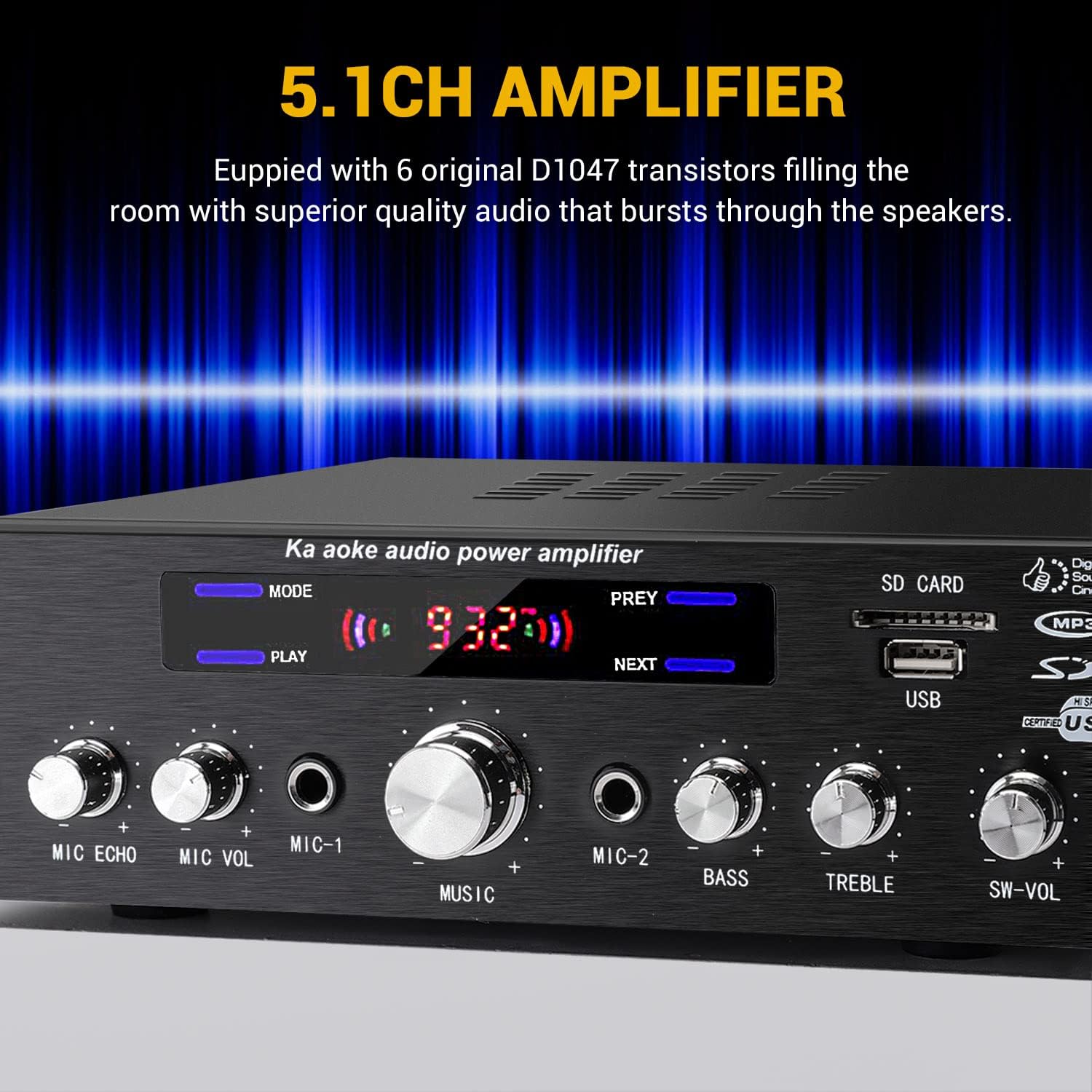 Facmogu AV-388 250W 5.1 Channel Home Audio Amplifier with Subwoofer Speaker Output, 5.1 CH Home Karaoke Theater Power Stereo Receiver, Surround Sound w/BT, RCA Input, FM Antenna, Remote Control