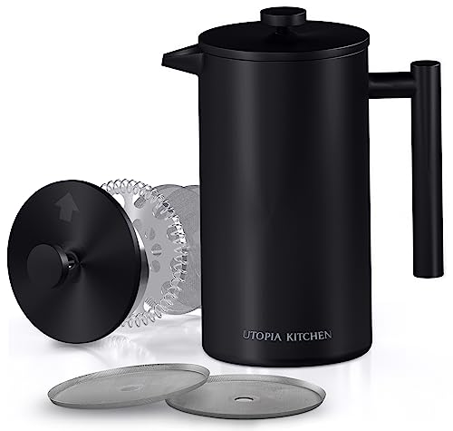 Utopia Kitchen Stainless Steel French Press Coffee Maker 34 Oz (1 Litre) with 2 Extra Filters, French Press Coffee & Tea Maker for Kitchen & Camping, Cold Brew Cafetiere, Silver