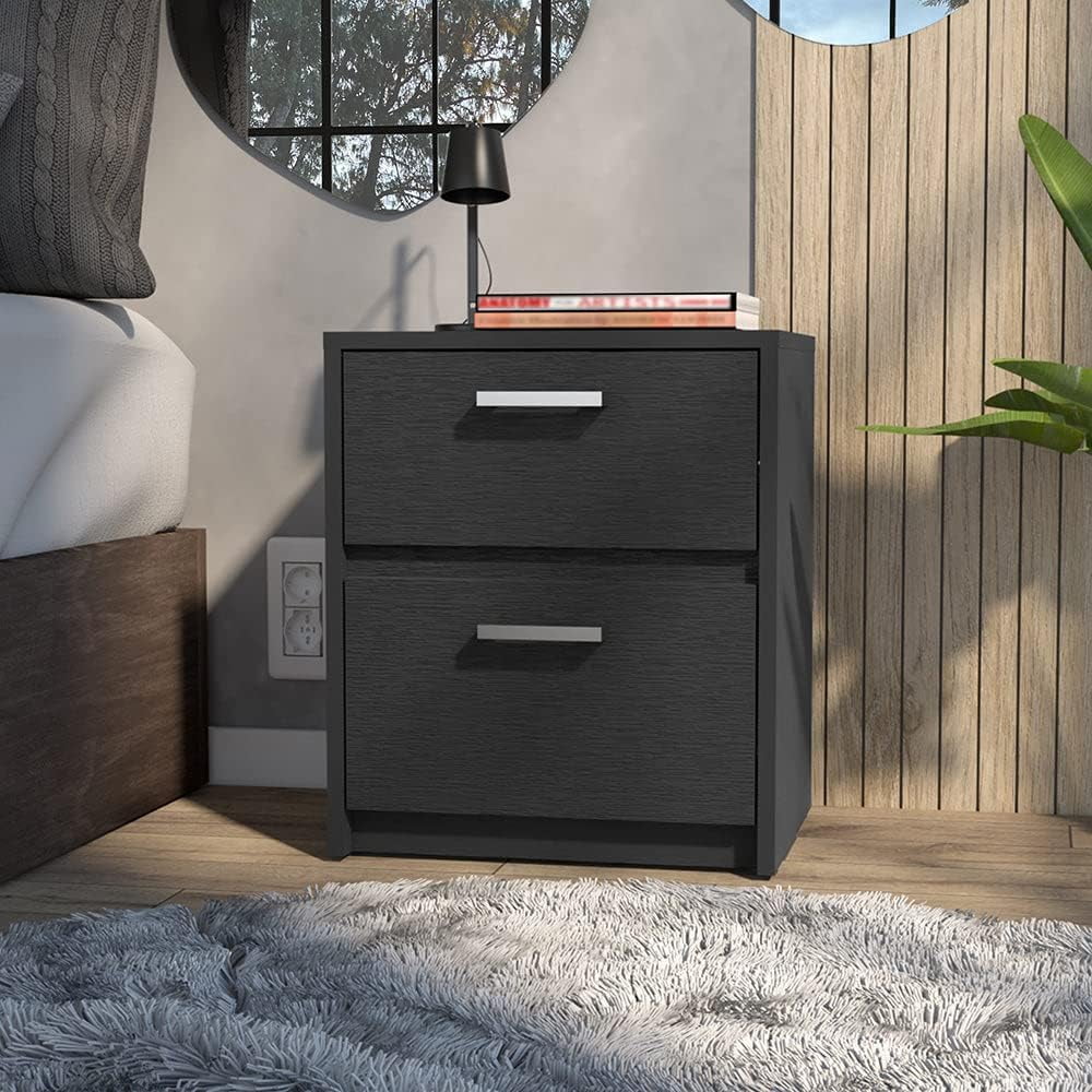 Nightstand Chequered, Two Drawers -Black -Bedroom