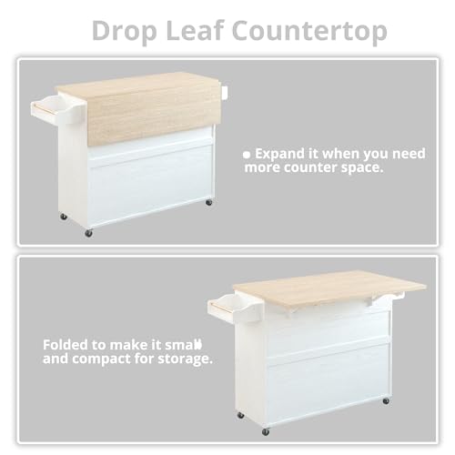 IRONCK Rolling Kitchen Island Cart with Drop-Leaf and Wine Rack, Microwave Rack Serving Cart on Wheels with Drawer & Shelves & Spice Rack & Cup Hanging, White