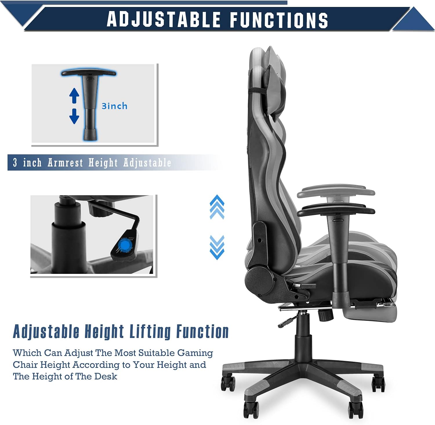 Soontrans Racer Style Gaming Chair with Footrest,Gamer Chair, Game Chair,Swivel Desk Chair with Backrest Seat Height Adjustable Headrest and Lumbar Pillow(Black/Gray)