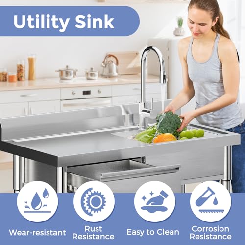 Utility Freestanding Kitchen Sink with Hot and Cold Water Pipe,Drawer, Stainless Steel Sink for Laundry Room Bathroom Farmhouse,39inch
