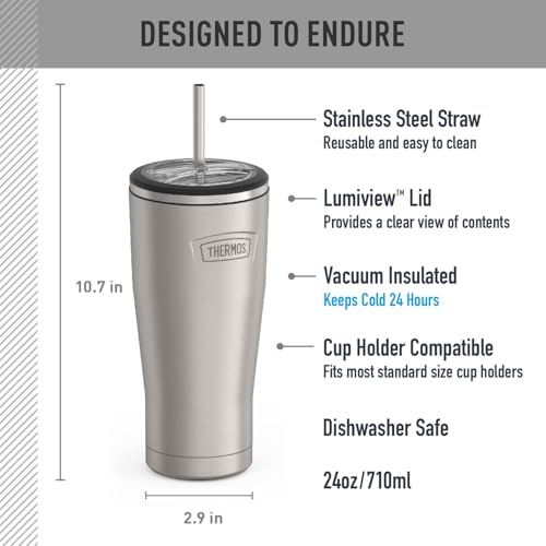 THERMOS ICON SERIES, Stainless Steel Cold Tumbler with Lid and Straw - 24 Ounce, Matte Stainless Steel - Vacuum Insulated Tumbler