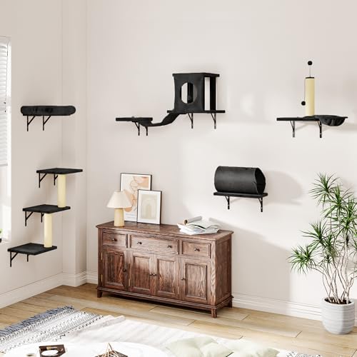 7-in-1 Wall Mounted Cat Climber Set, Cat Wall Shelves with Cat House, Bridge, Tree, Steps, Scratcher, DIY Walls Playground for Indoor Wall Furniture Set, Black