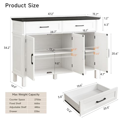 48 Inches Buffet Cabinet with Storage, Farmhouse Sideboard Buffet w/2 Drawers and 3 Doors, Wood Coffee Bar Cabinet with Adjustable Shelves, Sideboard Storage for Kitchen, Living Room, Black