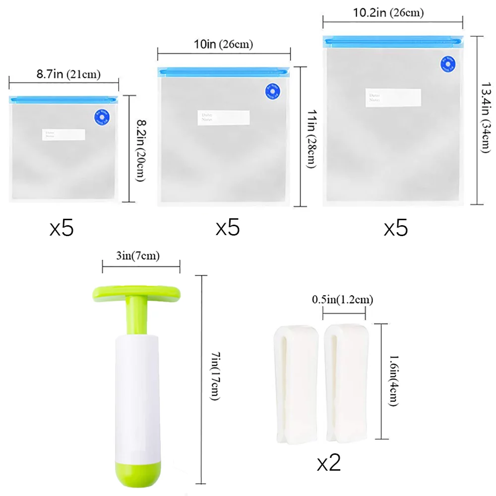 WVacFre Sous Vide Bags 15 Pcs with Pump Food Storage Reusable Vacuum Clenaers Sealer Freezer Ziploc Bag