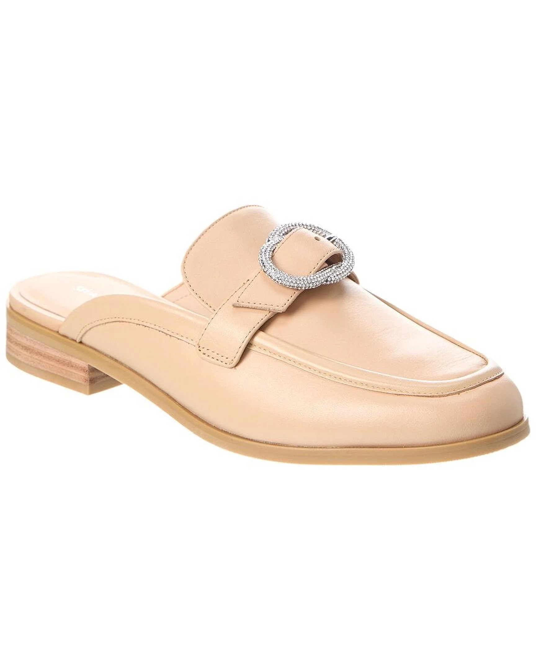 Stuart Weitzman Crystal Buckle Leather Mule, 7.5, Beige