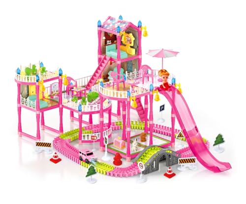 Dream Dollhouse, Racing Track, Dolls House playset with Toy Furniture and 4 Level Slide, Furniture, 3 Doll and 1 Buggy Toy and 10+ Tracks Pet and Puppy Play Area 13 Rooms
