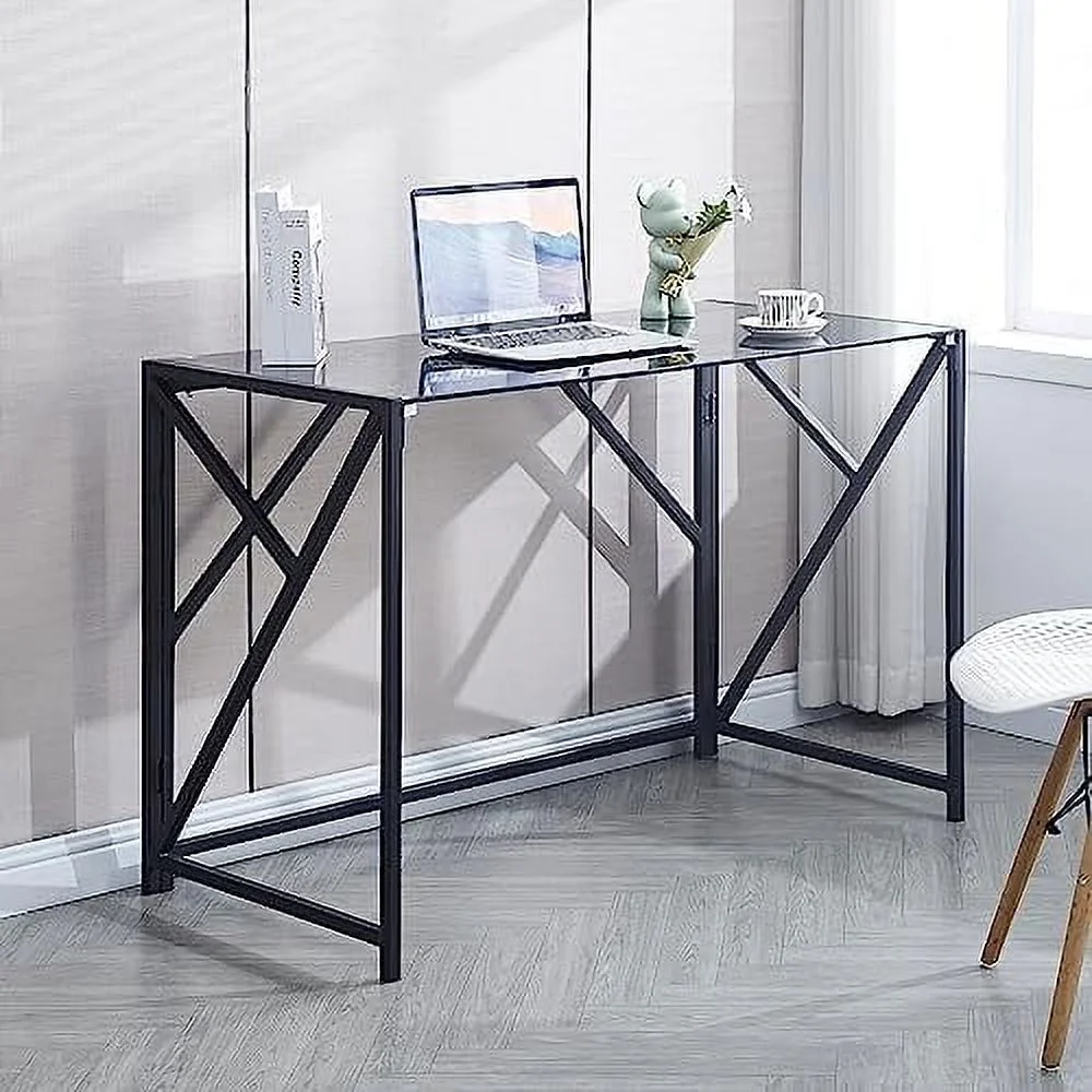 HJNIUNIU Modern Glass Computer Desk  Clear Study Table - Gaming Desks  Study Desk  and Workstation Table for Small Spaces - Stainless Steel Frame 43.5" x 21.7" x 29.9"