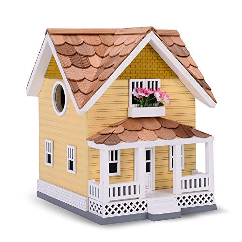 Decorative Wooden Birdhouse for Outdoor Hanging – Handcrafted Miniature Cottage Style with Blue Roof, Front Porch, and Balcony – Garden or Backyard Décor for Wild Birds (Golden Craftsman)