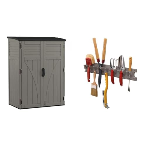 Suncast 54 Cubic Ft. Vertical Resin Outdoor Storage Shed with Lockable Double Doors, Weather-Resistant Multi-Wall Panels, Customizable Shelving, Stoney, Made in the USA