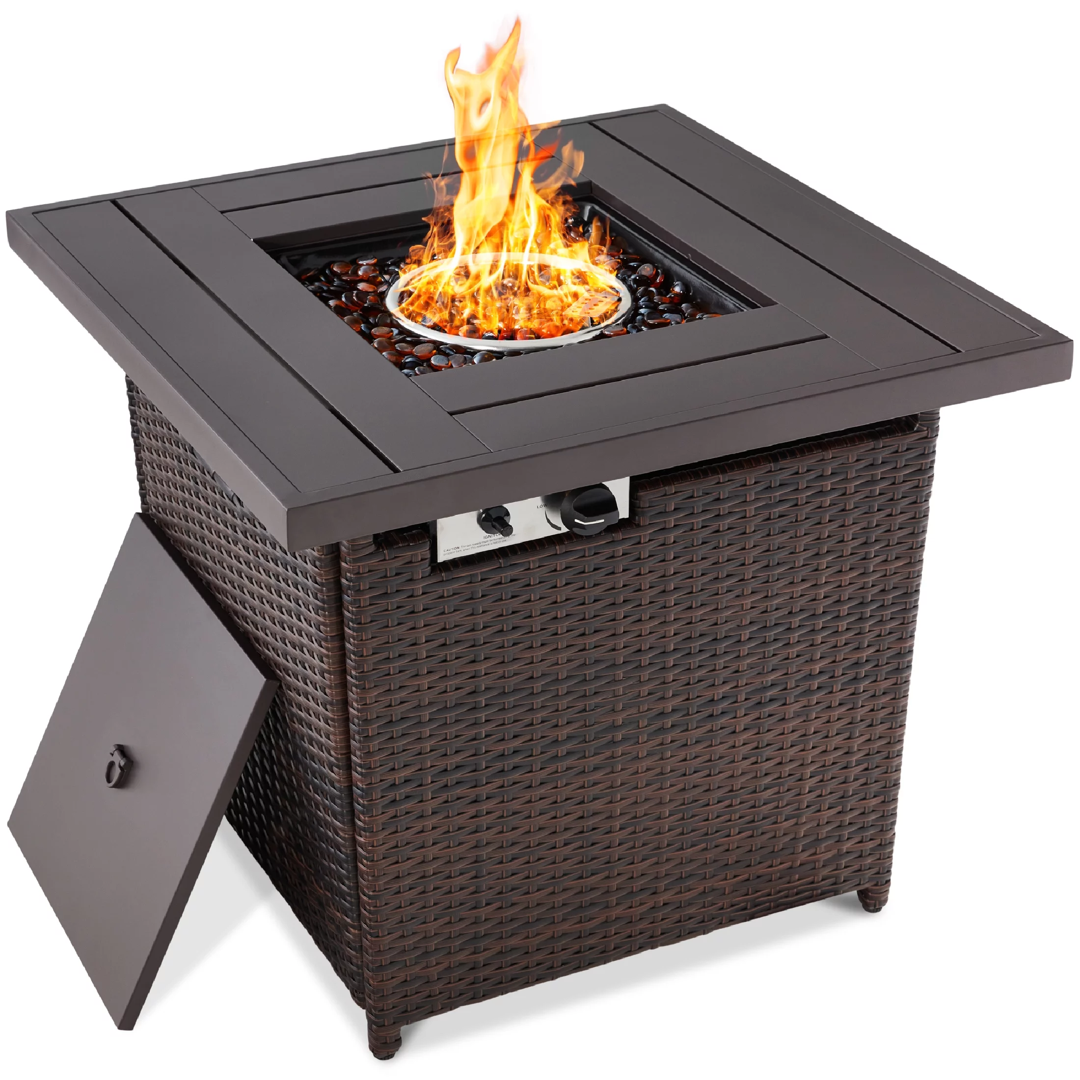 Best Choice Products 28in Propane Gas Fire Pit Table 50,000 BTU Outdoor Wicker w/ Glass Beads, Tank Holder  Brown