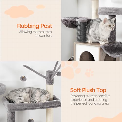 HOOBRO Large Hidden Litter Box, Cat Tree with 30.7'' Long Litter Box Enclosure, Modern Cat Tower, Cat Condos with Scratching Posts, Rubbing Post, Hammock and Teaser Sticks, Greige BG28MZ03G1