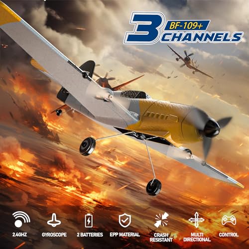 RC Plane, 3 Channel Remote Control Airplane, 6-axis Gyro Stabilizer BF-109 RTF RC Airplane with 2 Batteries, Easy to Fly for Beginners Adults and Kids