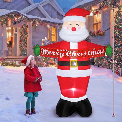 KHOYIME 7FT Christmas Inflatable Santa Claus Outdoor Decorations, Big Tall Xmas Blow Up Animated Santa Inflatables Built-in LED Lights for Yard Garden Lawn Patio Holiday Winter Party Indoor Home Decor