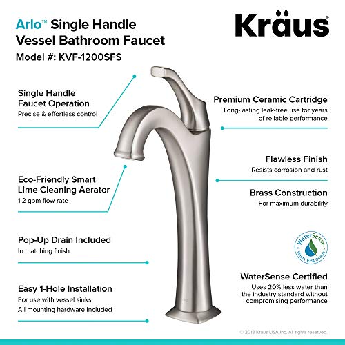 KRAUS KVF-1200BG Arlo™ Brushed Gold Tall Vessel Bathroom Faucet with Pop-Up Drain