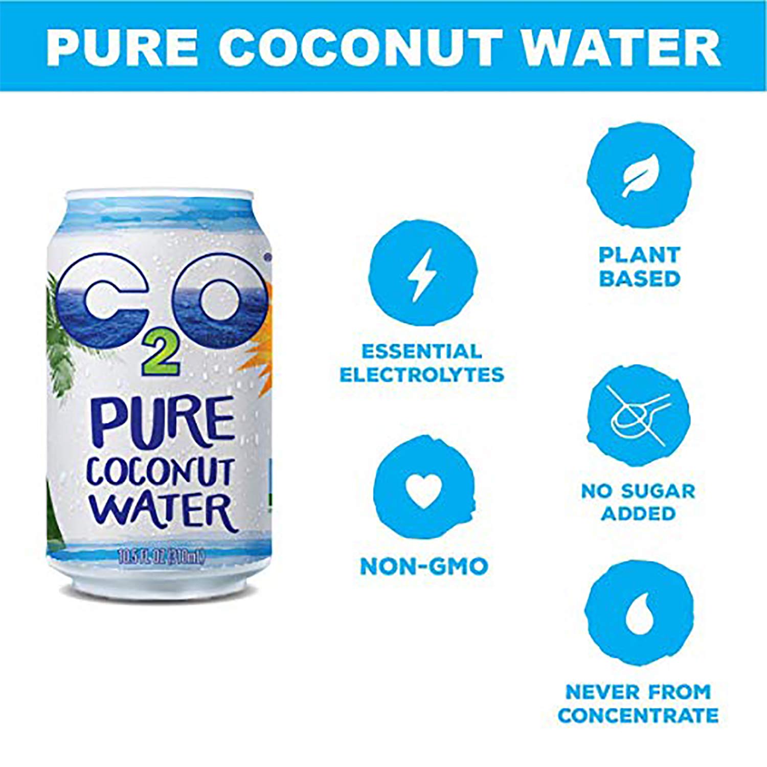 C2O Pure Coconut Water | Plant Based | Non-GMO | No Added Sugar | Essential Electrolytes | 10.5 Fl Oz (Pack of 24)