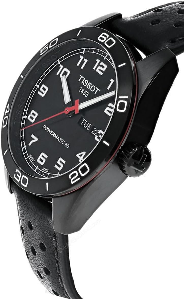 Tissot Mens PRS 516 Powermatic 80 316L Stainless Steel case with Black PVD Coating Automatic Watch, Black, Leather, 20 (T1314303605200)