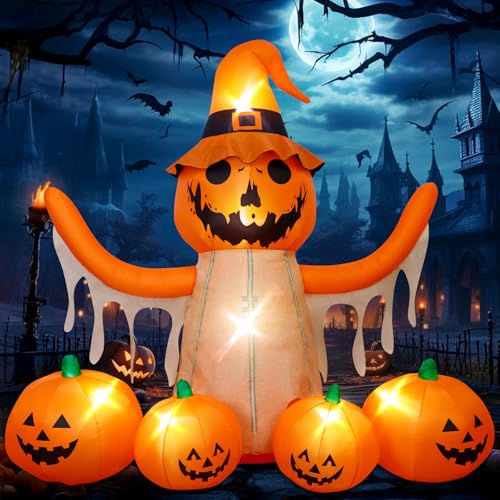 MGparty 8FT Halloween Inflatables Pumpkin Decorations with LED Built-in Pumpkin Scarecrow Halloween Yard Decoration Blow Up Inflatable for Outdoor Indoor Garden Lawn Holiday Party