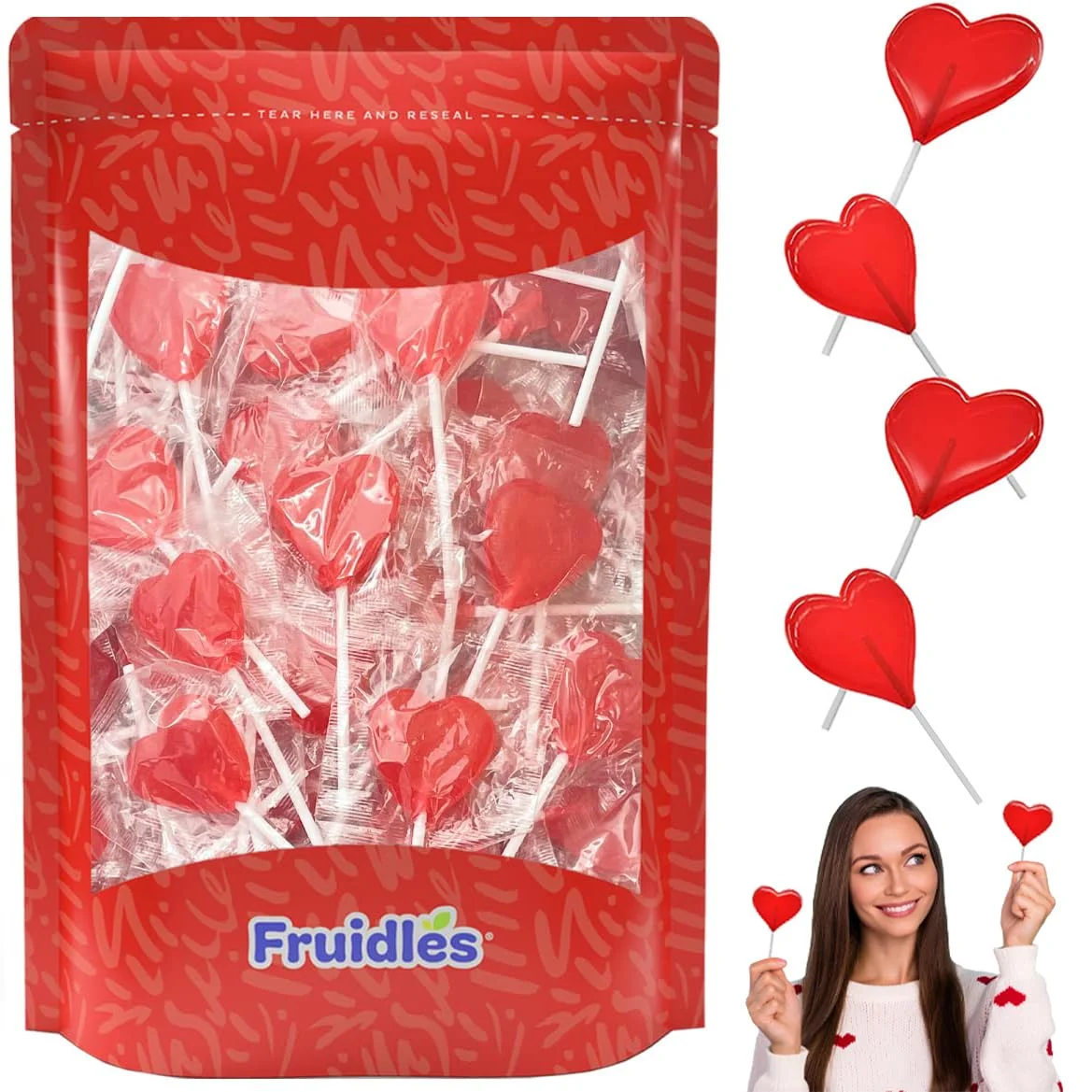 Valentine,S Heart Lollipops Candy, Red Heart Shaped Hard Candy Lollipop Suckers, Individually Wrapped, 12G Lollipop (2 Pounds)