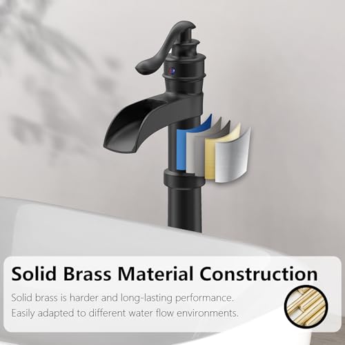 Vessel Sink Faucet, Oil Rubbed Bronze Black Bathroom Faucet, Farmhouse Waterfall Sink Faucet Single Hole with Pop Up Drain Assembly Without Overflow One Hole Mixer Tap Deck Mount