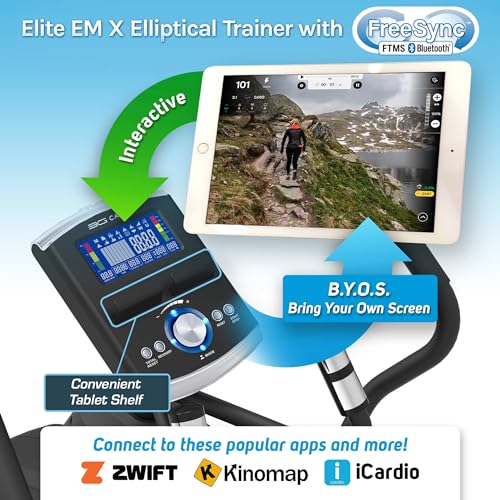 Elite EM X Elliptical Trainer Machine with 18”- 23” Adjustable Stride, Small Space Saving 49.2” Footprint, FreeSync™ FTMS Smart HD Connectivity, 350LB Max Weight, 5 Year Parts Warranty.