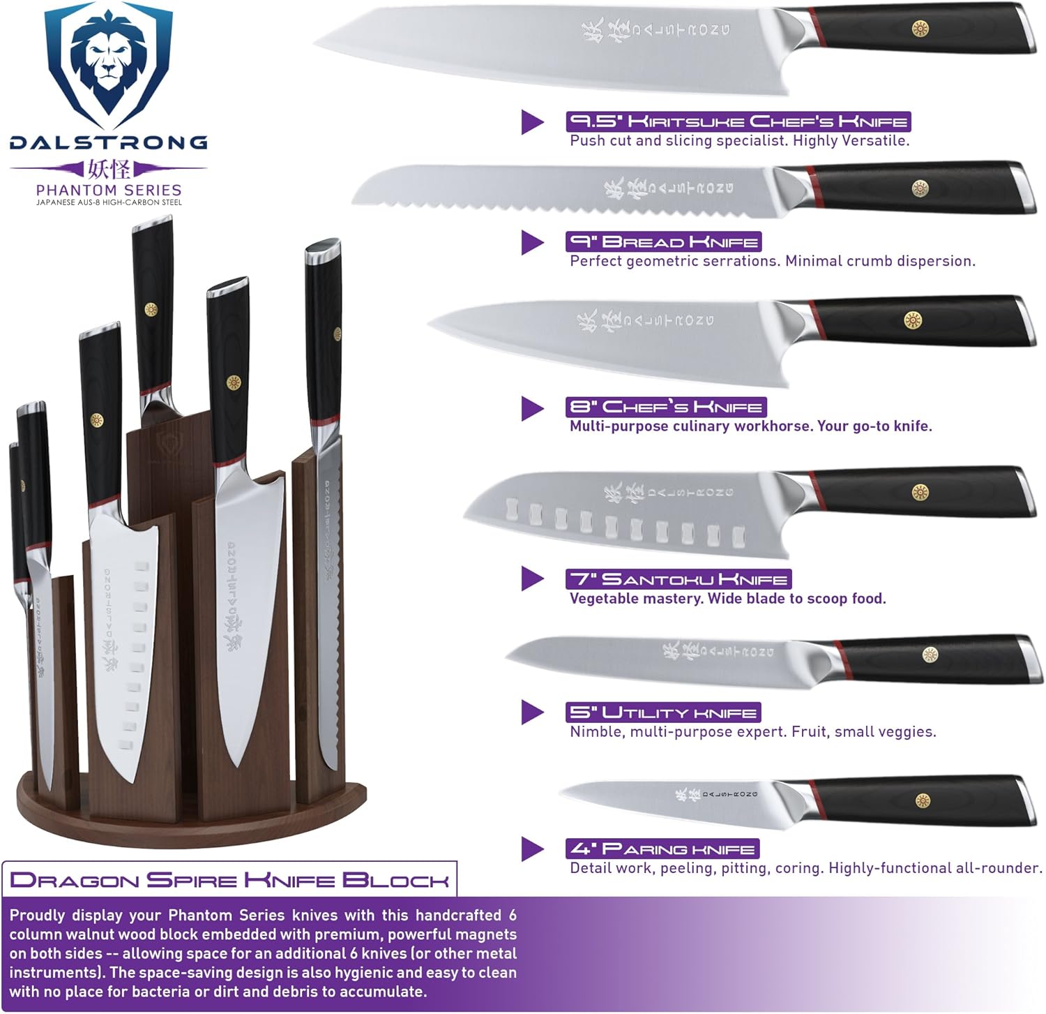 DALSTRONG Knife Block Set - 6-Piece w/Magnetic Knife Stand - Phantom Series - Japanese High-Carbon - AUS8 Steel - Pakkawood Handle