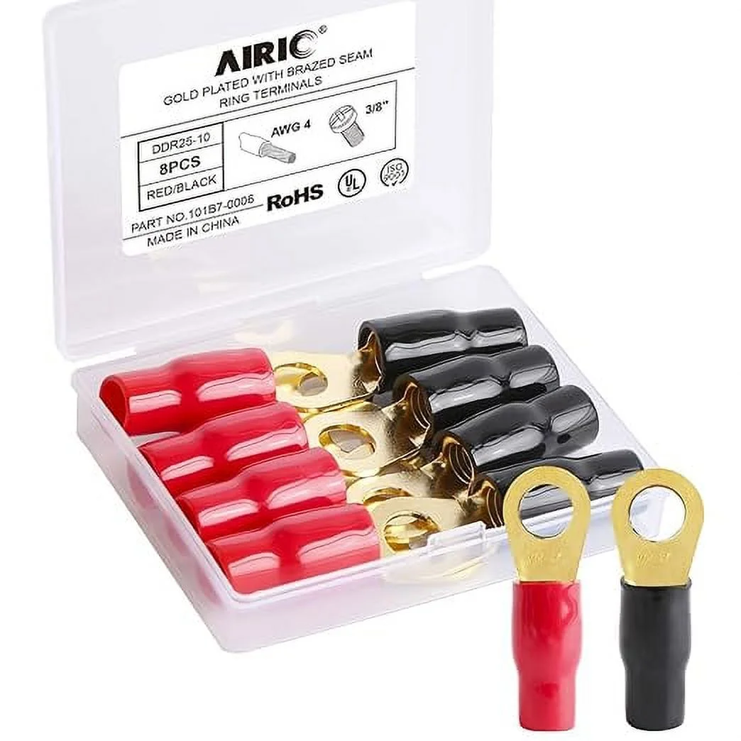 AIRIC 4 AWG Ring Terminal 3/8 inch Gold Plated Crimp Ring Terminals with Soft Boots Gold Wire Connectors Kit 8-Pack
