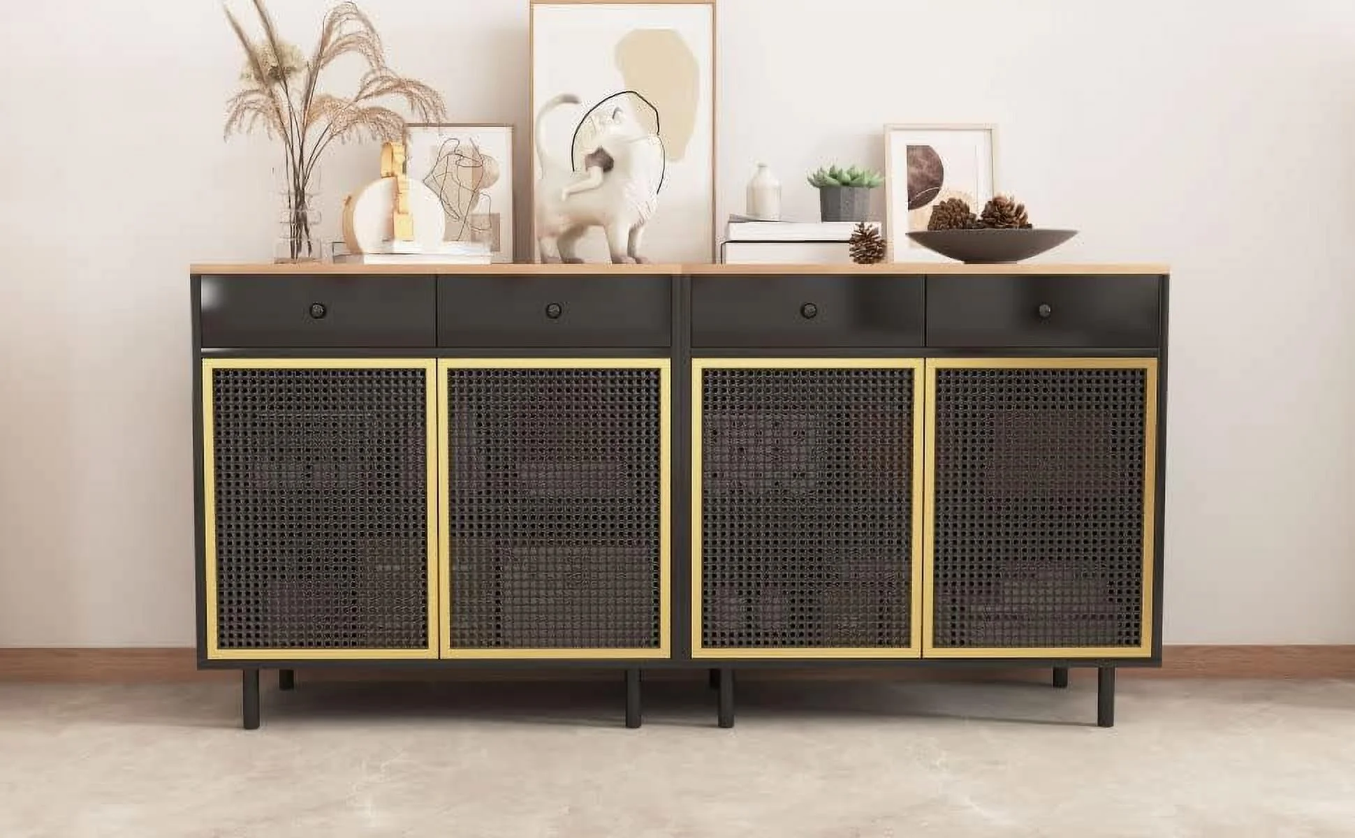 TJUNBOLIFE Modern Buffet Sideboard Cabinet Set of 2  Accent Iron Rattan Kitchen  Cabinet Console Television Table with 2 Doors and 2 Drawers  Buffet Cabinet Accent Cabinet for Living Room