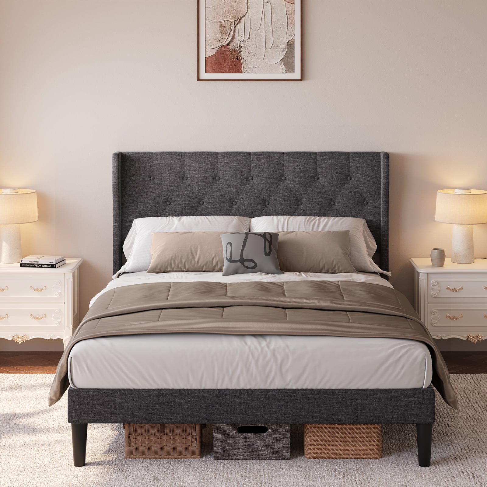 Lofka Bed Frame Full Size with with Button Tufted Headboard, Bed Frame with Mute Bars Design, Dark Gray