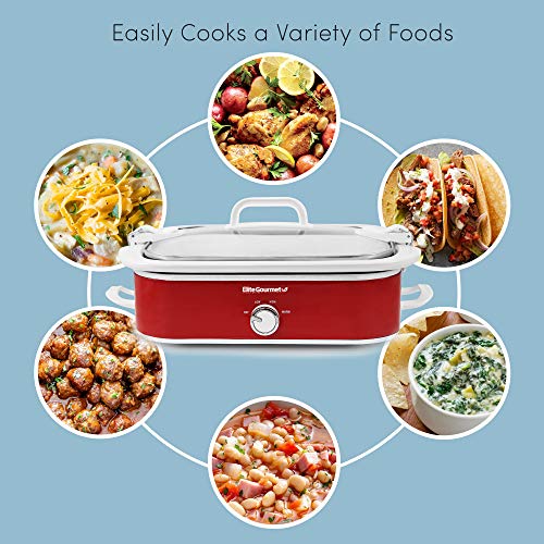 Elite Gourmet MST-5240 Casserole Crock Slow Cooker, Locking Lid Adjustable Temperature Keep Warm Oven & Dishwasher-Safe Casserole Pan, 3.5Qt Capacity, Red