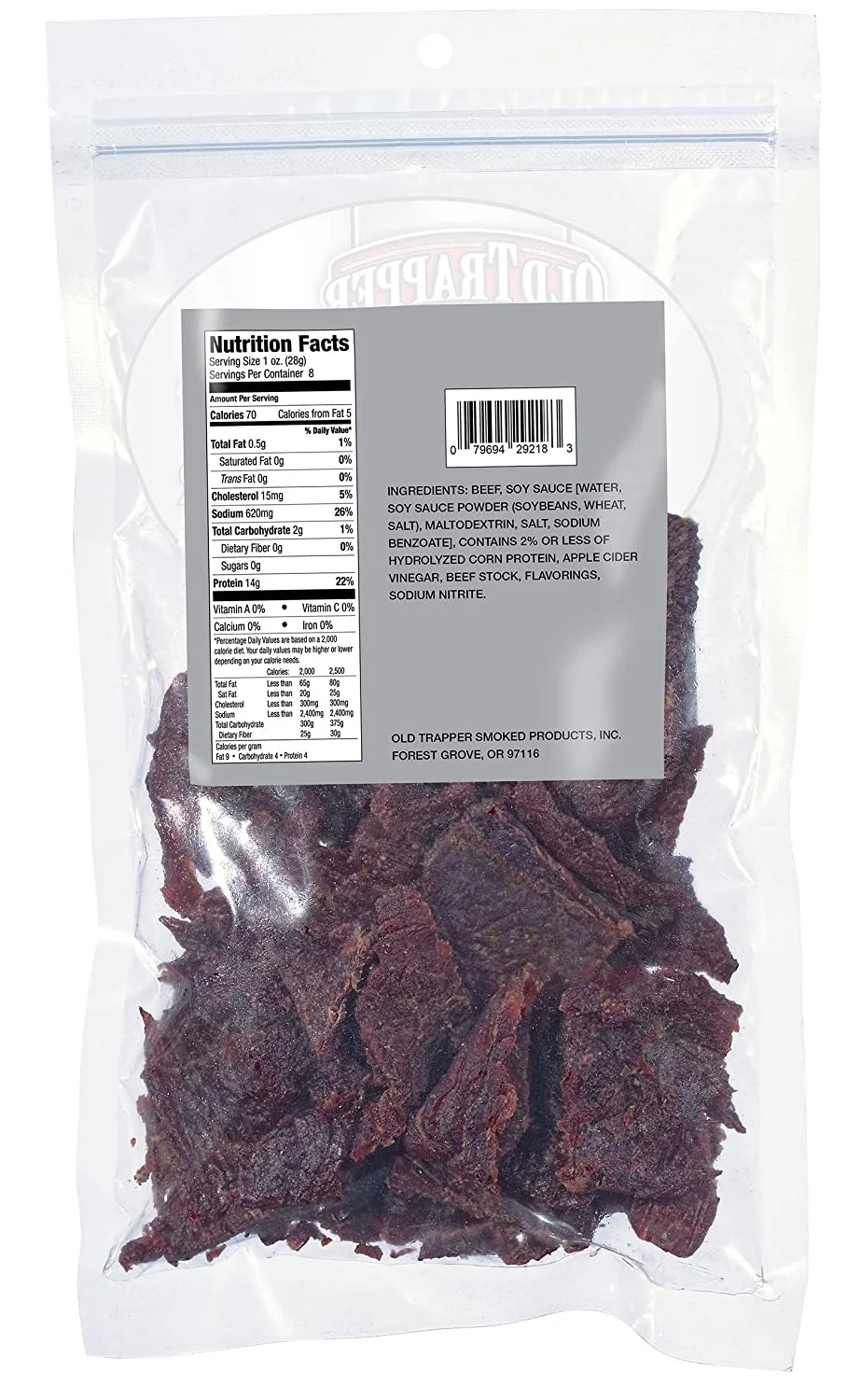 Old Trapper Zero Sugar Beef Jerky | Traditional Style Real Wood Smoked | Healthy Snack Made from 100% Top Round Steaks | 8 Ounce Bag