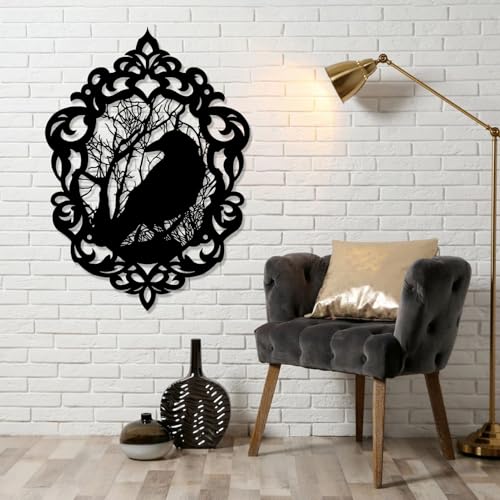 Metal Gothic Wall Art, Gothic Metal Wall Decor, Crow Wall Decor, Metal Bird Wall Art, Gothic Wall Decor, Halloween Wall Decor, Wall Decor Living Room (Gold, 13x19 in | 34x47 cm)