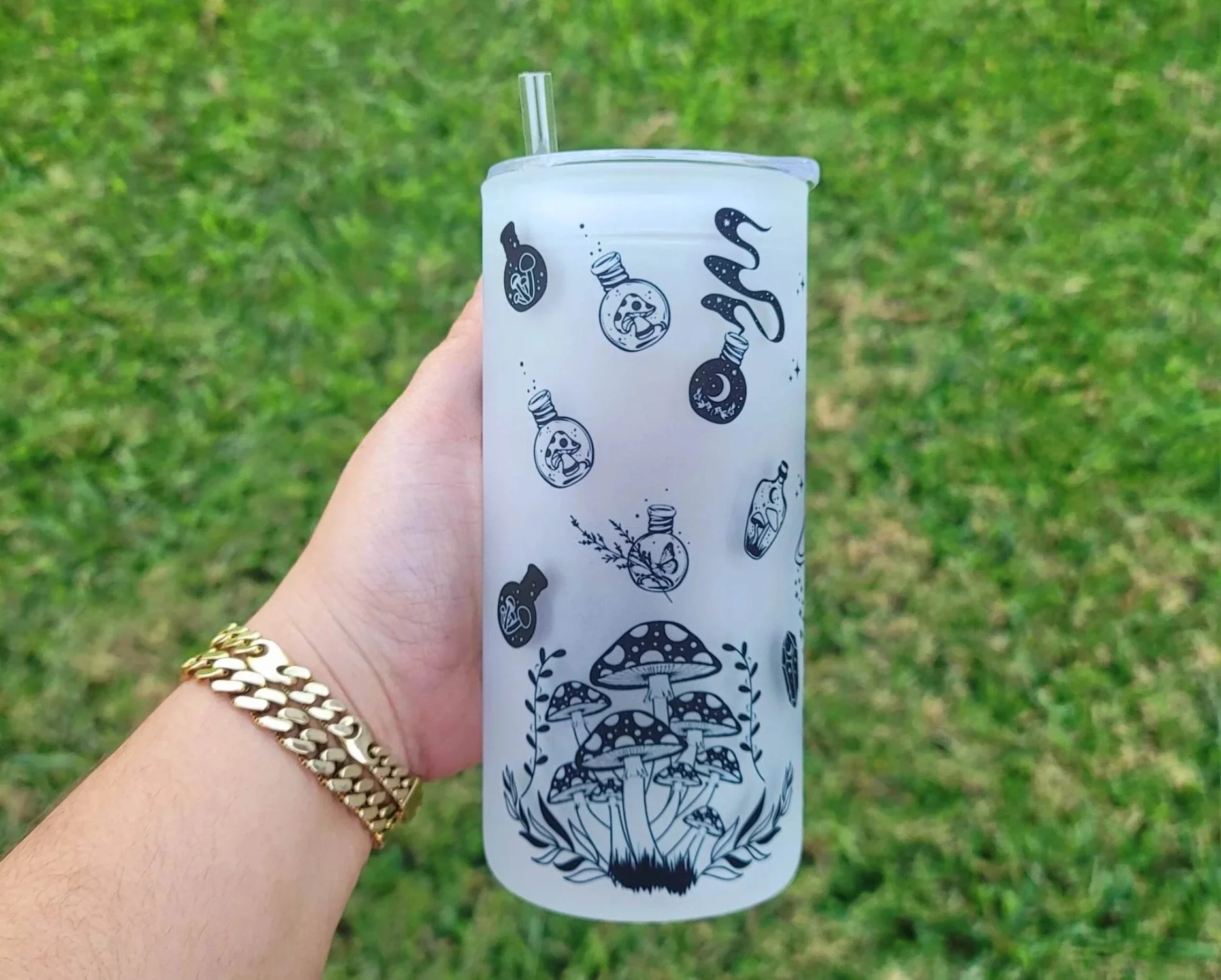 Mushroom Beer Can Glass | Boho Moth Coffee Glass | Aesthetic Coffee Glass | 20 oz