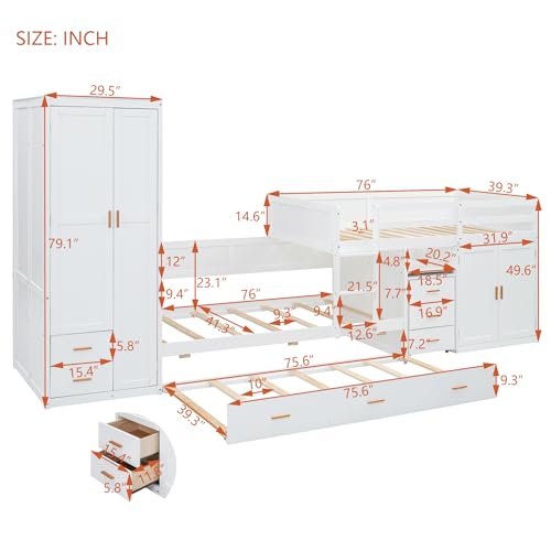 Merax Wooden Bunk Bed with Wardrobe, Desk, Storage Cabinets and Drawers, Twin Over Twin Wood Bed Frame & Trundle for Kids Teens Adults, Space Saving Design, No Box Spring Needed, White