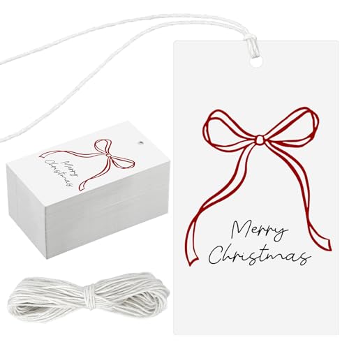 100 Pcs Christmas Presents Tags Red Color Bow Design Christmas Tags Xmas Bow Gift Labels with String for Presents Wrapping Paper Labels for Xmas Party Treat Cookie Decor