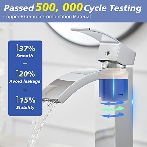 Brushed Nickel Vessel Sink Faucet, Waterfall Bathroom Faucets, Tall Spout Single Handle Single Hole Bathroom Faucets with Pop Up Drain and Without Overflow Basin Faucet Supply Line