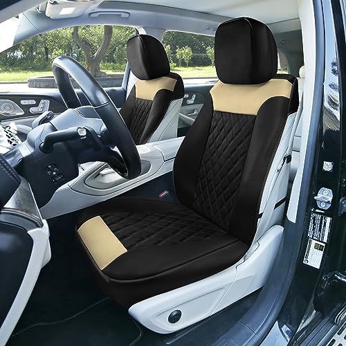 FH Group Car Seat Covers Solid Beige Front Set Faux Leather - Car Seat Covers for Low Back Seat with Removable Headrest, Universal Fit, Automotive Seat Covers, Airbag Compatible Car Seat Cover for SUV