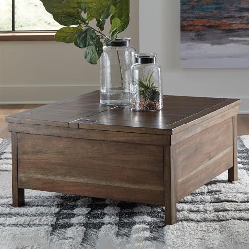 Signature Design by Ashley Valebeck Farmhouse Lift Top Coffee Table with Storage, Distressed Brown & Black Finish