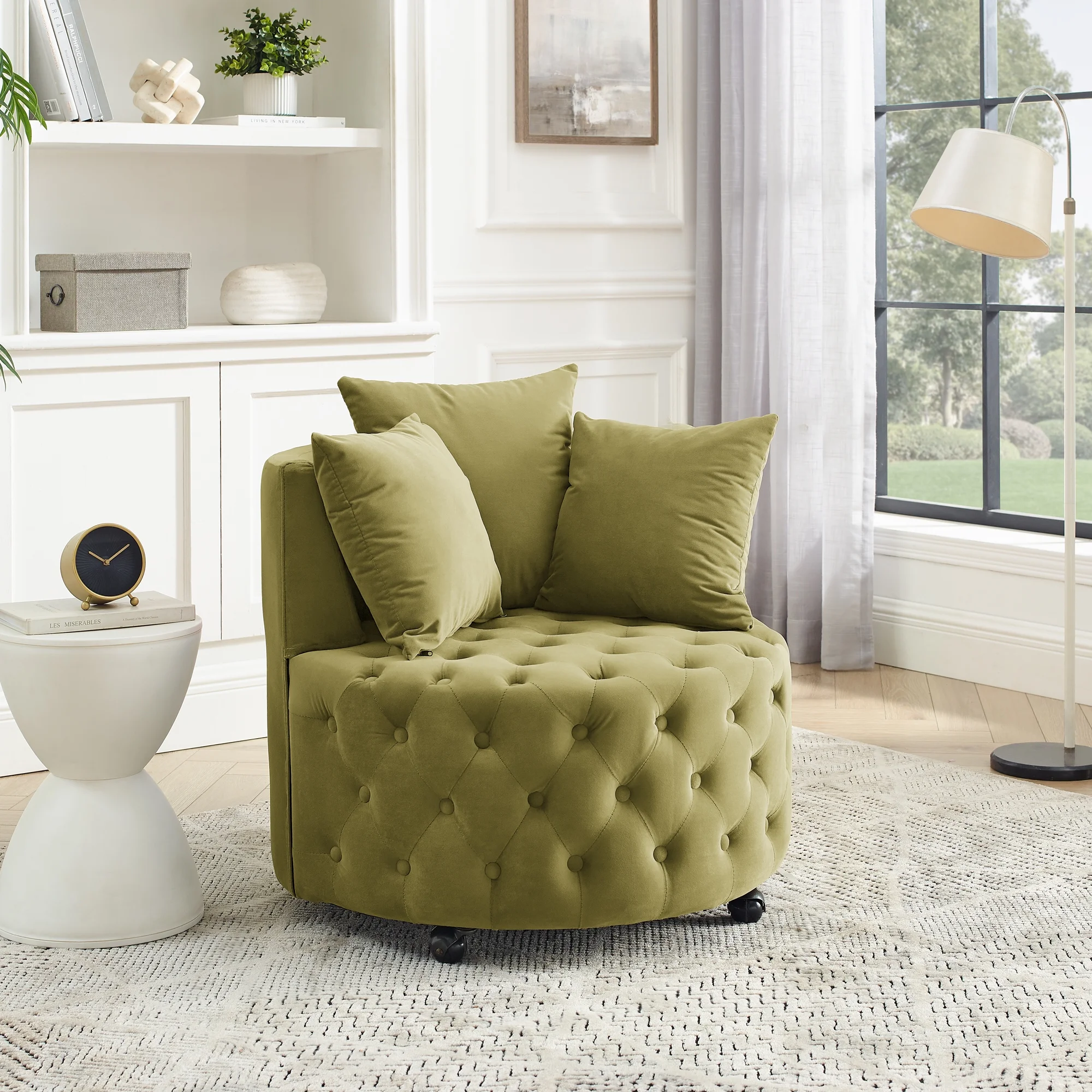 Buumin Velvet Upholstered Swivel Chair for Living Room, Corner Chair, Button Tufted Design, Movable Wheels, 3 Pillows,Khaki Green