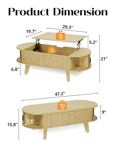 Oval Lift Top Coffee Table with Storage, 47.2