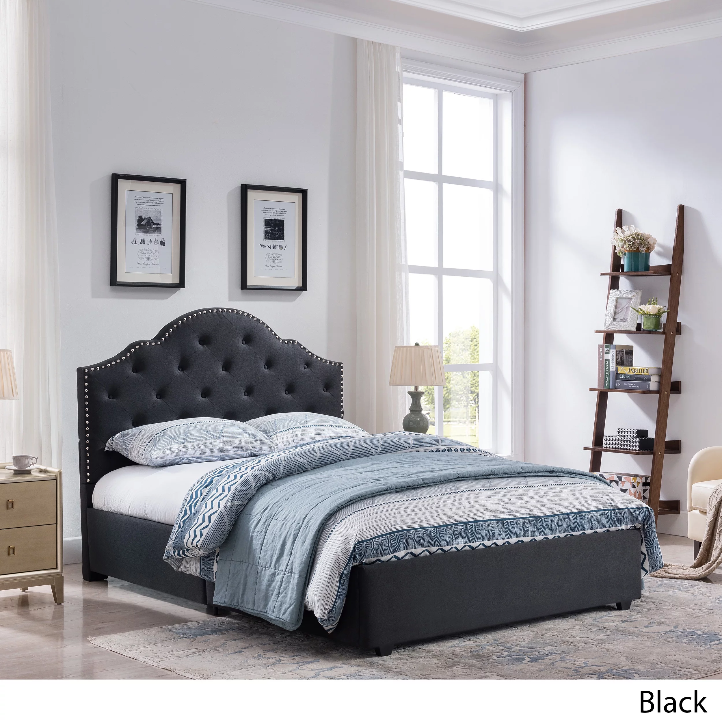 Noble House Allyssa Contemporary Fabric Button-Tufted Upholstered Queen Bed Frame with Nailhead Accents, Black