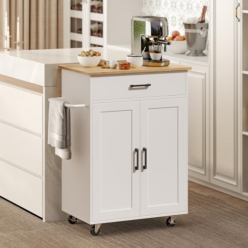 Kitchen Island on Wheels with Drop Leaf, Folding Countertop Kitchen Island Cart, Kitchen Island Table with Towel Rack, Drawer, for Kitchen, Dining Room, White and Natural KINW12501