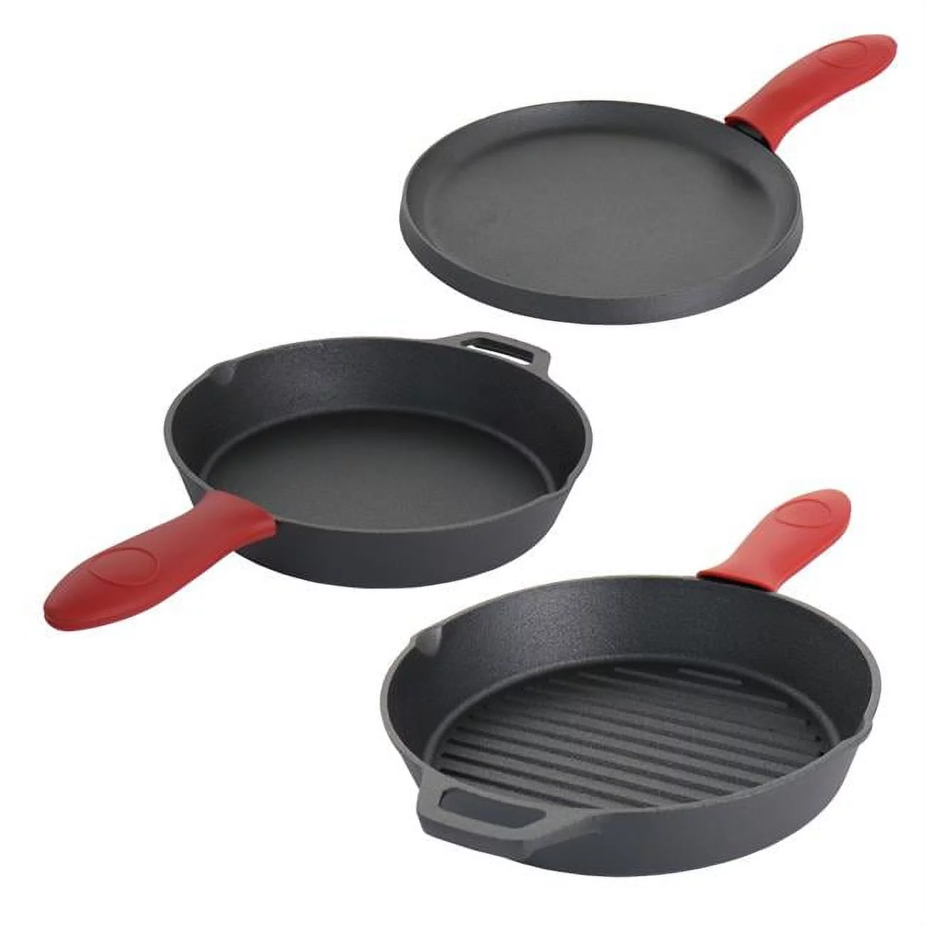 6 Piece Pre-Seasoned Cast Iron Set with Red Silicone Holders